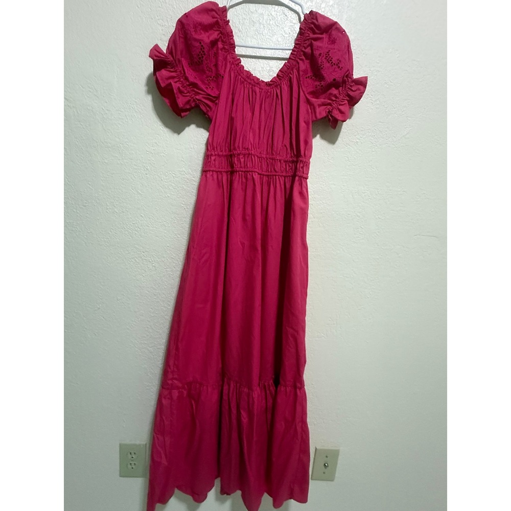 Ashley‎ & Sage Pink Eyelet Puff Sleeve Smocked Tiered Maxi Dress Womens L - Picture 7 of 11